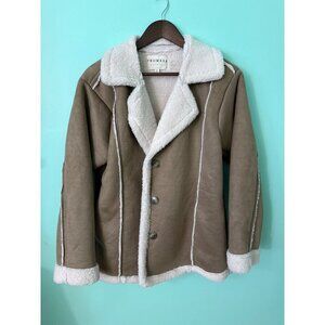 Promesa Womens S Button-Up Faux Suede Jacket With Faux Shearling Trim Tan & Whit